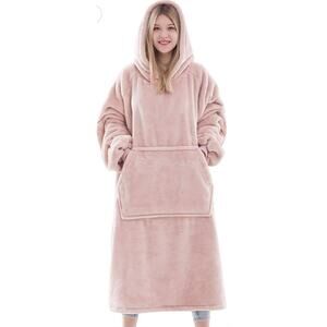 Wearable Blanket Fleece Pink Sweatshirt Cozy Giant Hoodie Pocket Adult One Size